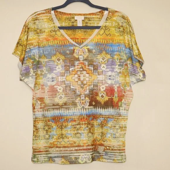 Chico's aztec multicolor short sleeve top, size 1 (8) - Picture 1 of 3